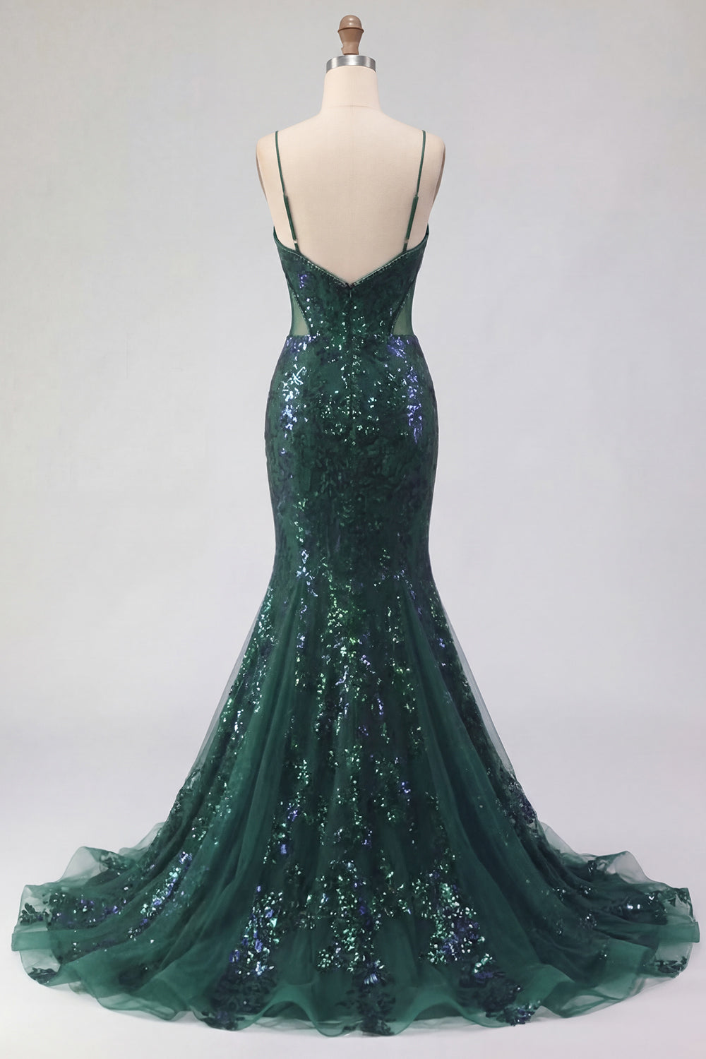 Mermaid Spaghetti Straps Sparkly Dark Green Long Beaded Prom Dress