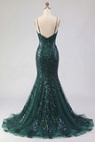 Mermaid Spaghetti Straps Sparkly Dark Green Long Beaded Prom Dress