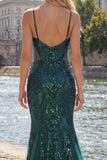 Mermaid Spaghetti Straps Sparkly Dark Green Long Beaded Prom Dress