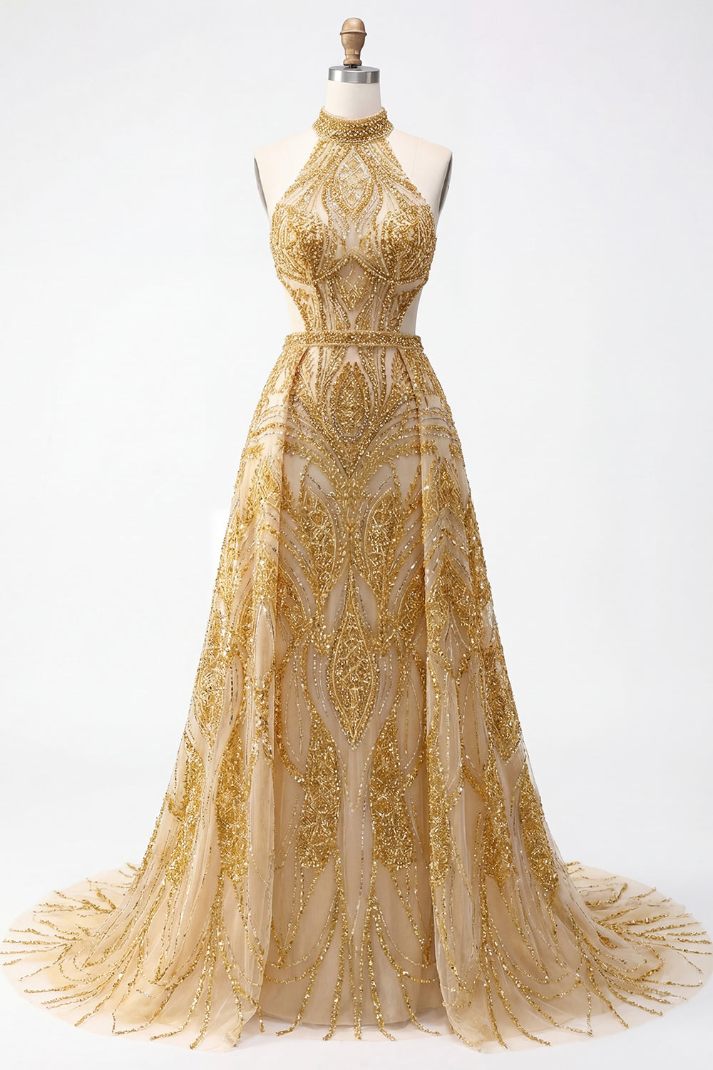 High Neck A Line Sparkly Golden Long Beaded Prom Dress with Cape