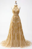 High Neck A Line Sparkly Golden Long Beaded Prom Dress with Cape