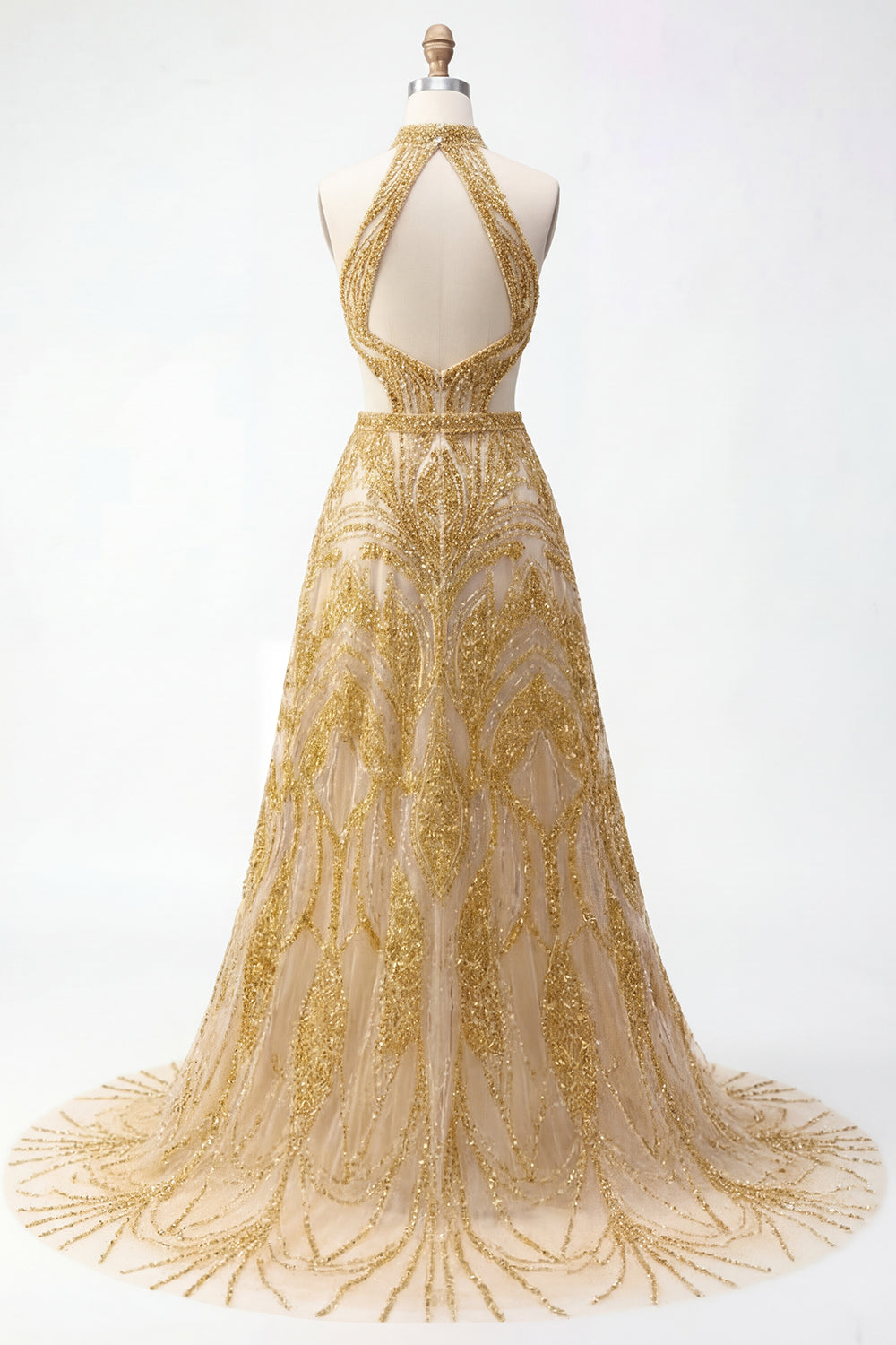 High Neck A Line Sparkly Golden Long Beaded Prom Dress with Cape