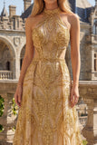 High Neck A Line Sparkly Golden Long Beaded Prom Dress with Cape