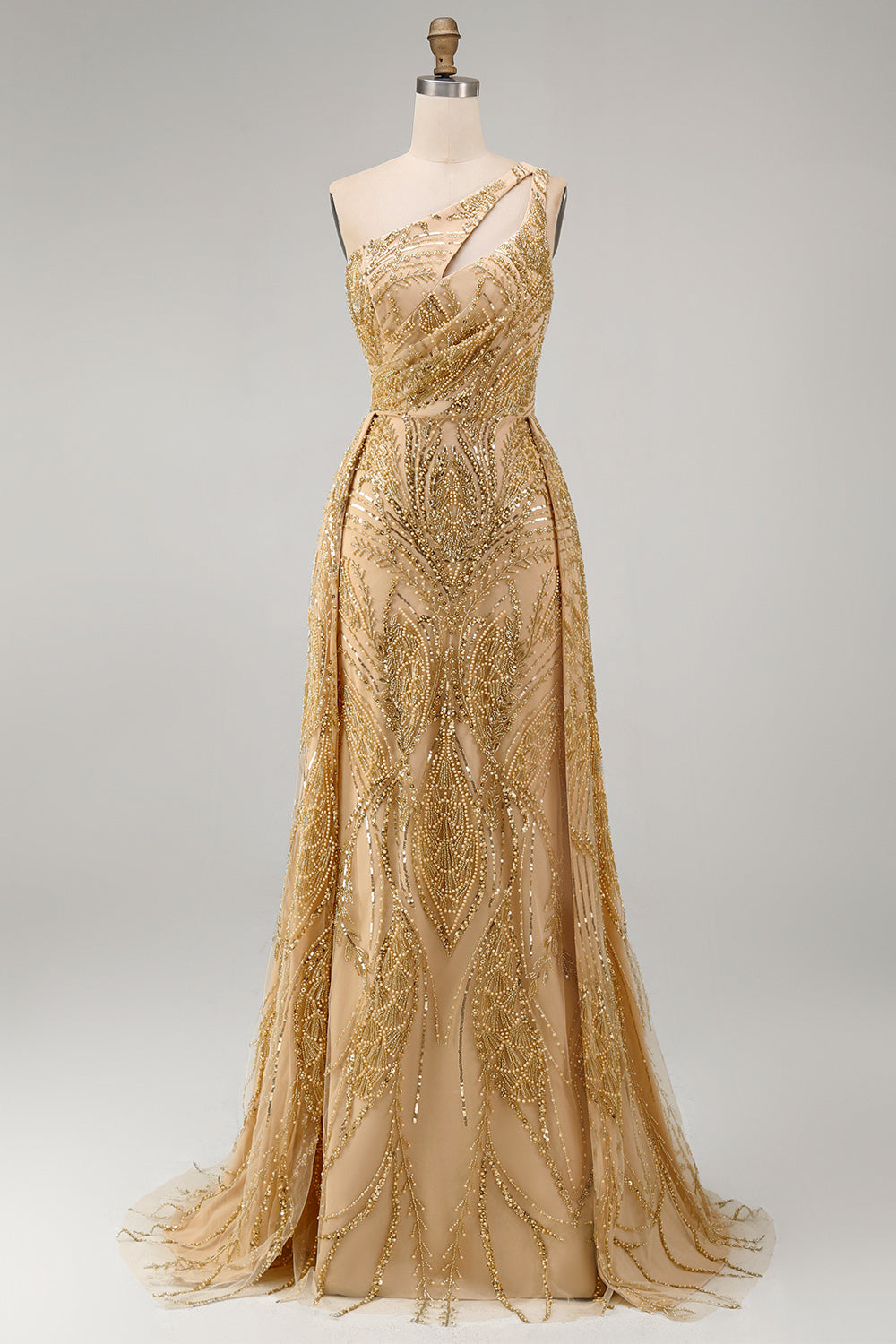 One Shoulder Ruched Mermaid Sparkly Golden Long Beaded Prom Dress with Cape