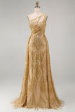 One Shoulder Ruched Mermaid Sparkly Golden Long Beaded Prom Dress with Cape
