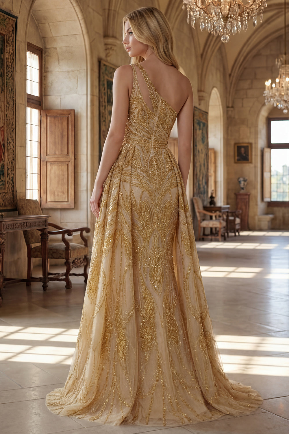 One Shoulder Ruched A Line Sparkly Golden Long Beaded Prom Dress with Cape