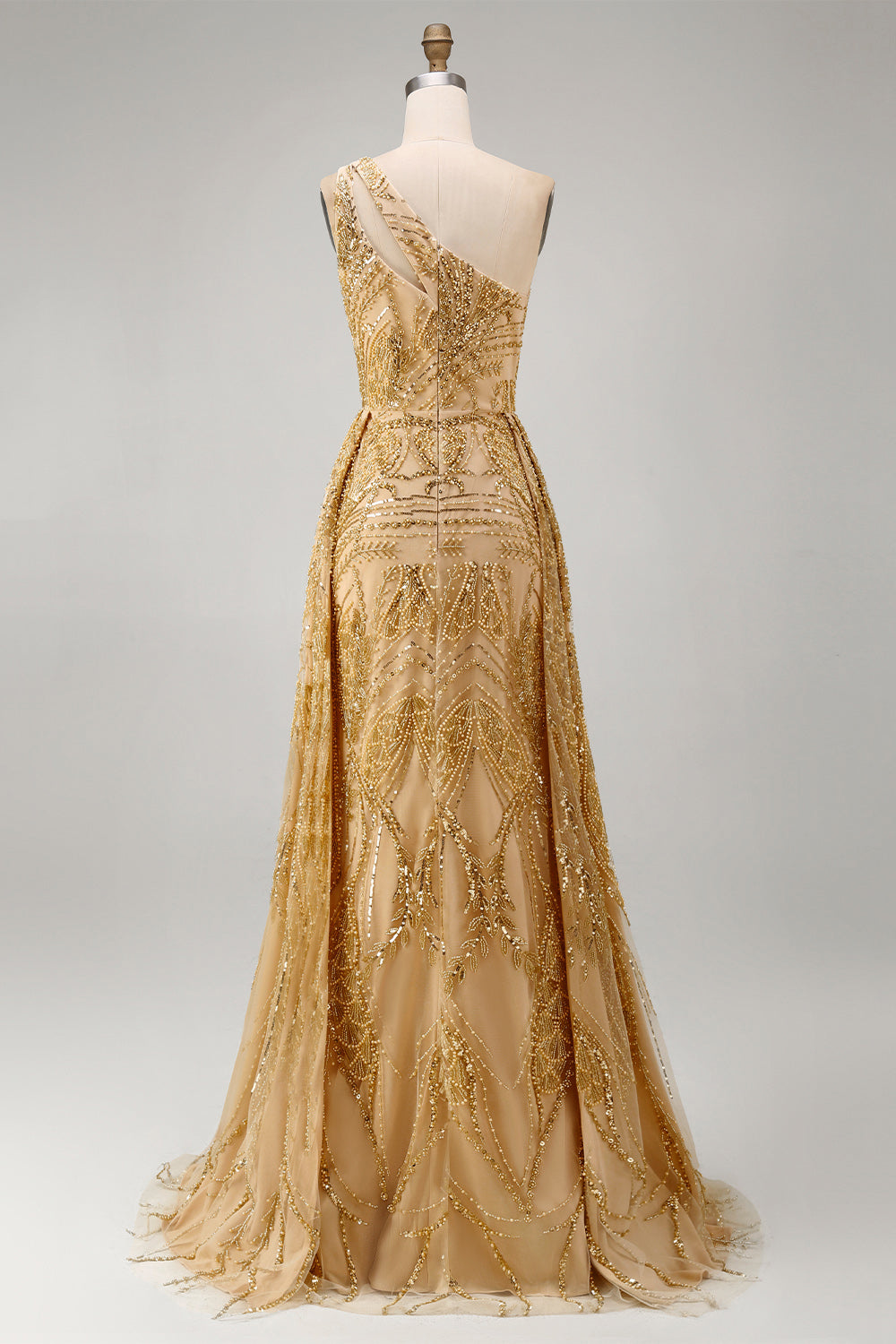 One Shoulder Ruched Mermaid Sparkly Golden Long Beaded Prom Dress with Cape