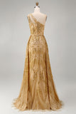 One Shoulder Ruched Mermaid Sparkly Golden Long Beaded Prom Dress with Cape
