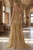 One Shoulder Ruched A Line Sparkly Golden Long Beaded Prom Dress with Cape