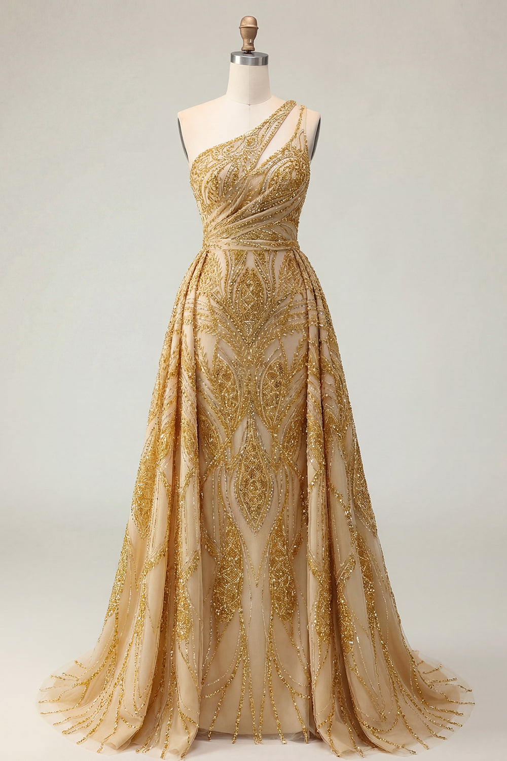 One Shoulder Ruched A Line Sparkly Golden Long Beaded Prom Dress with Cape