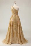One Shoulder Ruched A Line Sparkly Golden Long Beaded Prom Dress with Cape