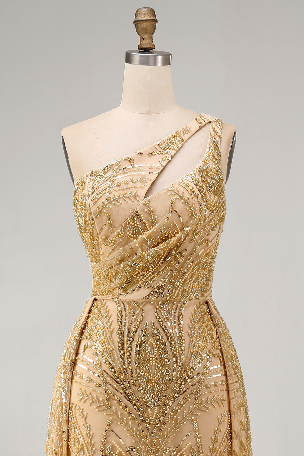 One Shoulder Ruched Mermaid Sparkly Golden Long Beaded Prom Dress with Cape