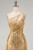 One Shoulder Ruched Mermaid Sparkly Golden Long Beaded Prom Dress with Cape