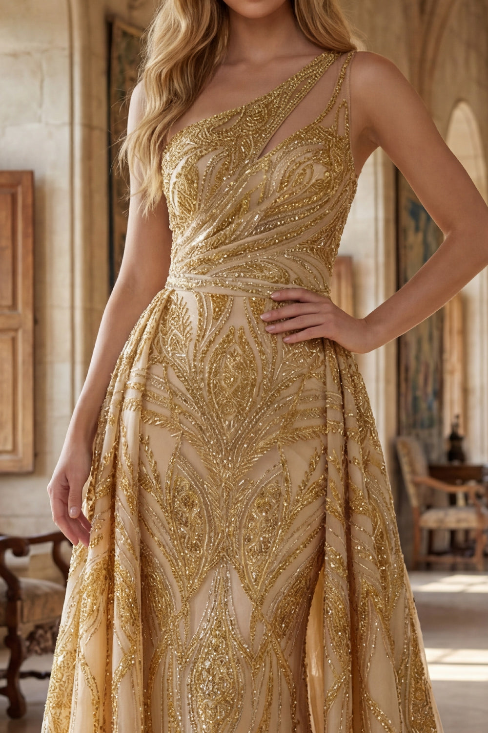 One Shoulder Ruched A Line Sparkly Golden Long Beaded Prom Dress with Cape