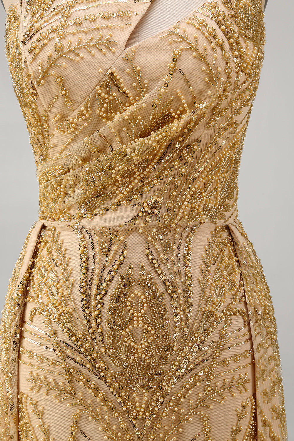 One Shoulder Ruched Mermaid Sparkly Golden Long Beaded Prom Dress with Cape