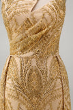 One Shoulder Ruched Mermaid Sparkly Golden Long Beaded Prom Dress with Cape