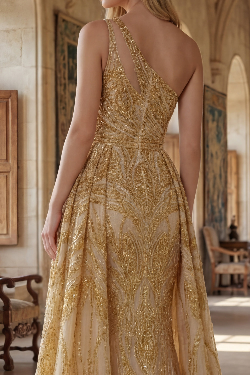 One Shoulder Ruched A Line Sparkly Golden Long Beaded Prom Dress with Cape