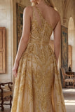 One Shoulder Ruched A Line Sparkly Golden Long Beaded Prom Dress with Cape