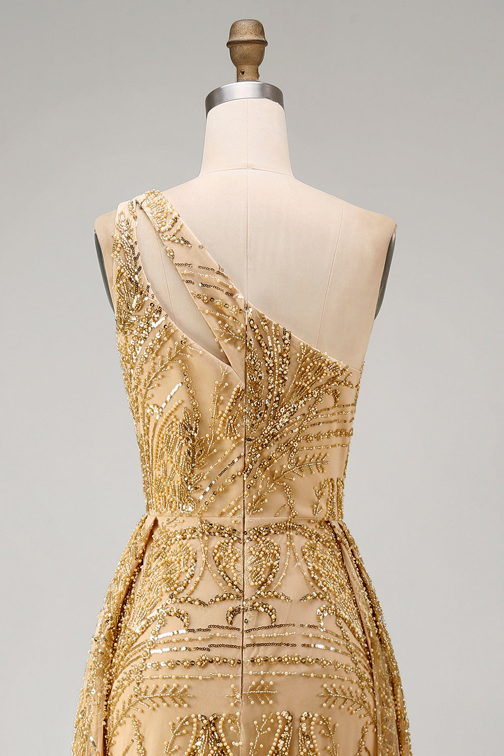 One Shoulder Ruched Mermaid Sparkly Golden Long Beaded Prom Dress with Cape