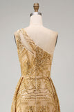 One Shoulder Ruched Mermaid Sparkly Golden Long Beaded Prom Dress with Cape