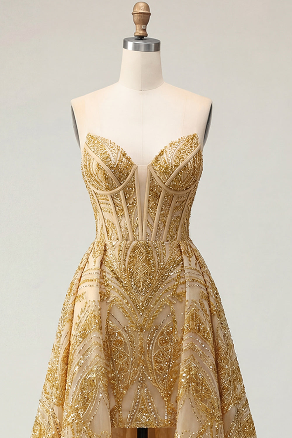 Corset A Line Sparkly Golden High Low Beaded Prom Dress with Cape