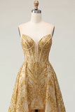Corset A Line Sparkly Golden High Low Beaded Prom Dress with Cape