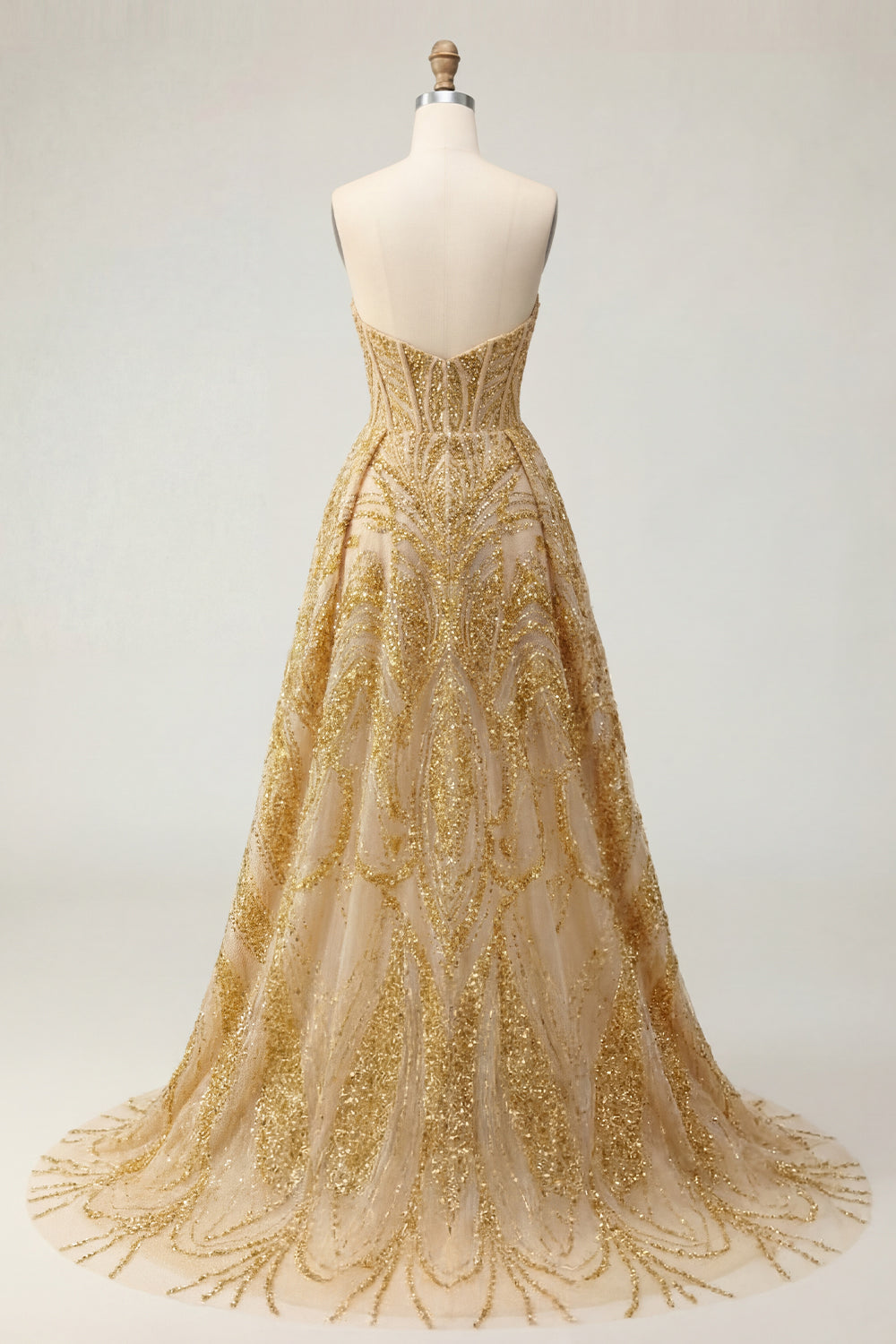 Corset A Line Sparkly Golden High Low Beaded Prom Dress with Cape