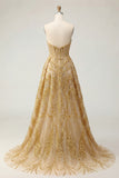 Corset A Line Sparkly Golden High Low Beaded Prom Dress with Cape
