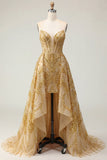 Corset A Line Sparkly Golden High Low Beaded Prom Dress with Cape