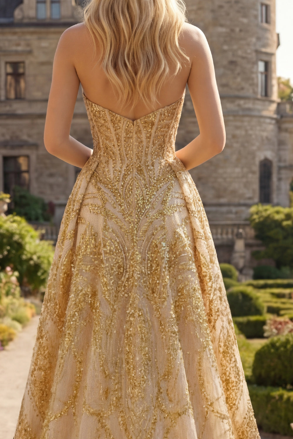 Corset A Line Sparkly Golden High Low Beaded Prom Dress with Cape