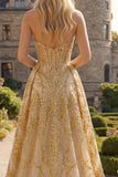 Corset A Line Sparkly Golden High Low Beaded Prom Dress with Cape