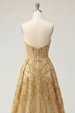 Corset A Line Sparkly Golden High Low Beaded Prom Dress with Cape