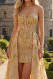 Corset A Line Sparkly Golden High Low Beaded Prom Dress with Cape