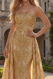 Ruched Strapless Mermaid Sparkly Golden Long Beaded Prom Dress with Cape