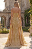 Ruched Strapless Mermaid Sparkly Golden Long Beaded Prom Dress with Cape