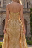 Ruched Strapless Mermaid Sparkly Golden Long Beaded Prom Dress with Cape