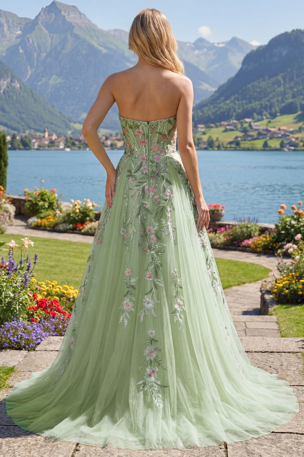 Strapless Corset Green Long A Line Floral Beaded Prom Dress
