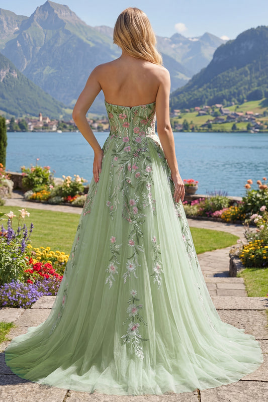 Strapless Corset Green Long A Line Floral Beaded Prom Dress