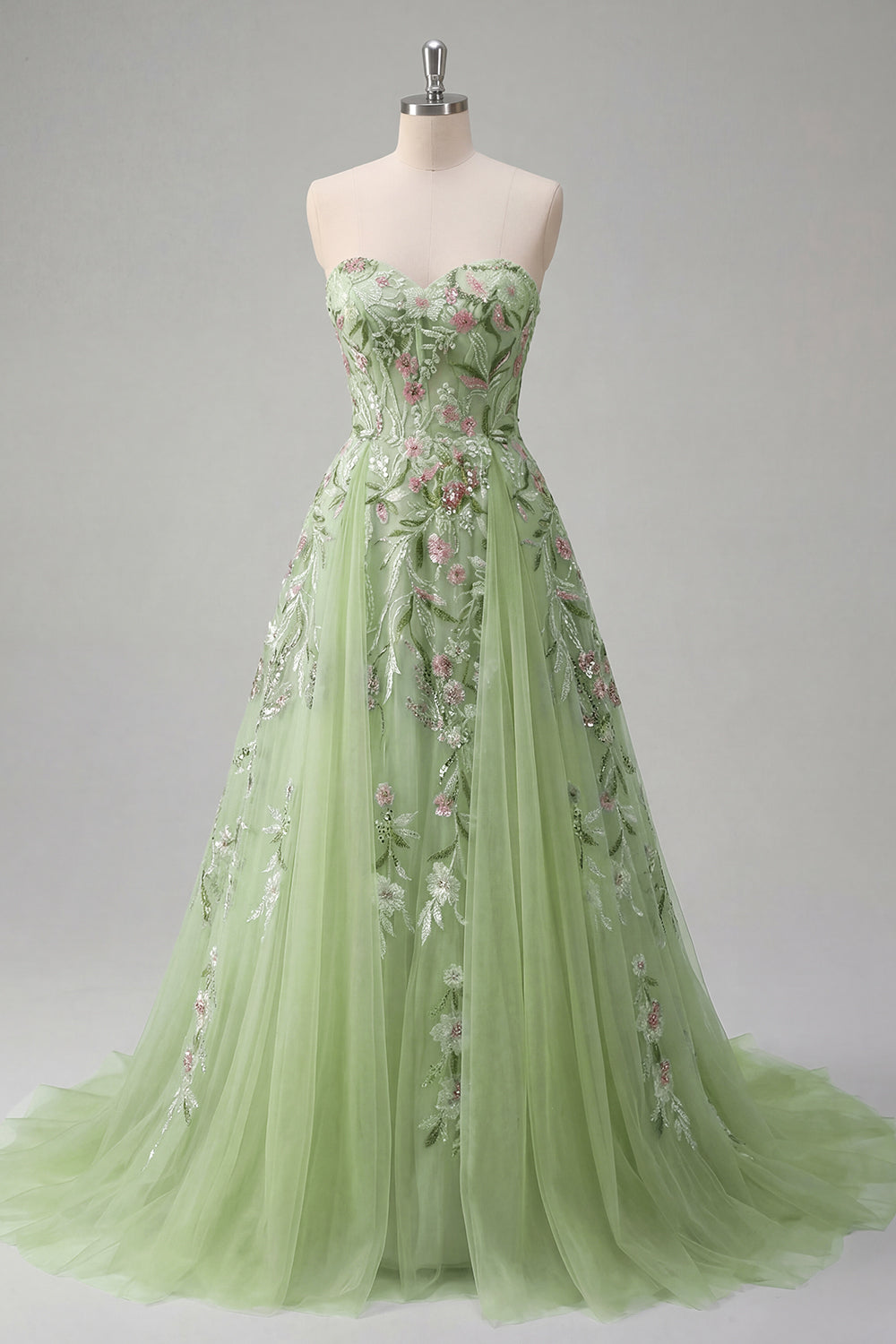 Strapless Corset Green Long A Line Floral Beaded Prom Dress
