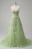 Strapless Corset Green Long A Line Floral Beaded Prom Dress
