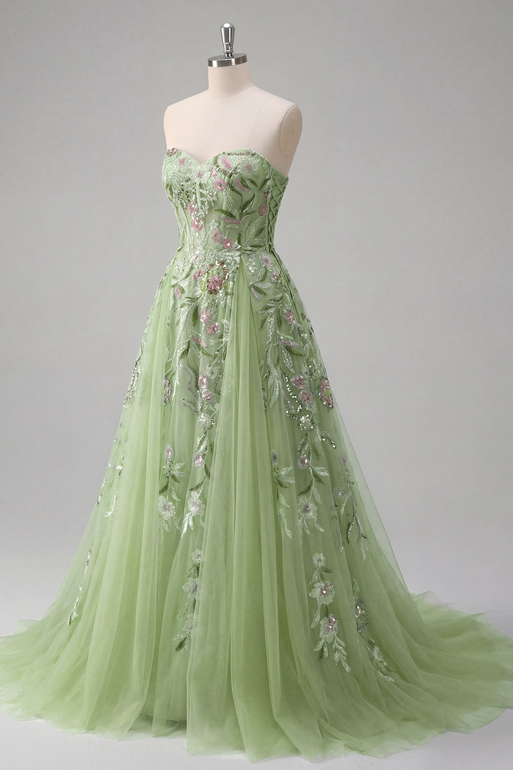 Strapless Corset Green Long A Line Floral Beaded Prom Dress