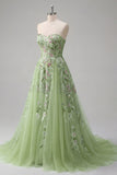 Strapless Corset Green Long A Line Floral Beaded Prom Dress