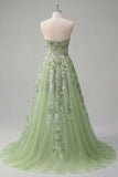 Strapless Corset Green Long A Line Floral Beaded Prom Dress
