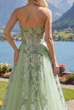 Strapless Corset Green Long A Line Floral Beaded Prom Dress
