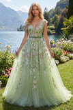 V-Neck Green Long A Line Floral Prom Dress with Beading