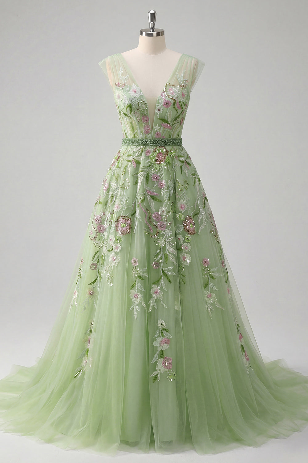 V-Neck Green Long A Line Floral Prom Dress with Beading