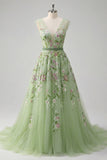 V-Neck Green Long A Line Floral Prom Dress with Beading