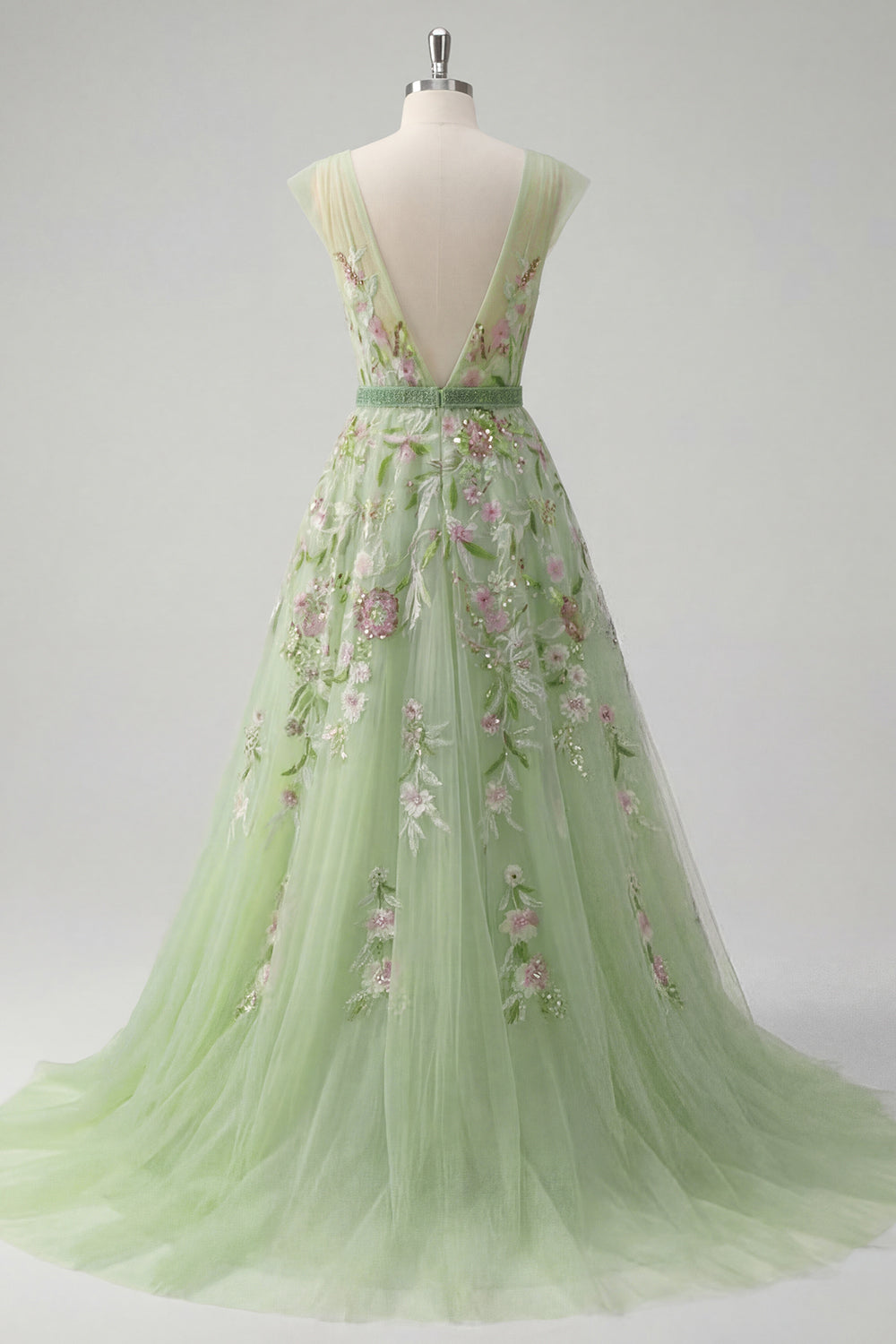 V-Neck Green Long A Line Floral Prom Dress with Beading