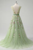 V-Neck Green Long A Line Floral Prom Dress with Beading