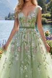 V-Neck Green Long A Line Floral Prom Dress with Beading